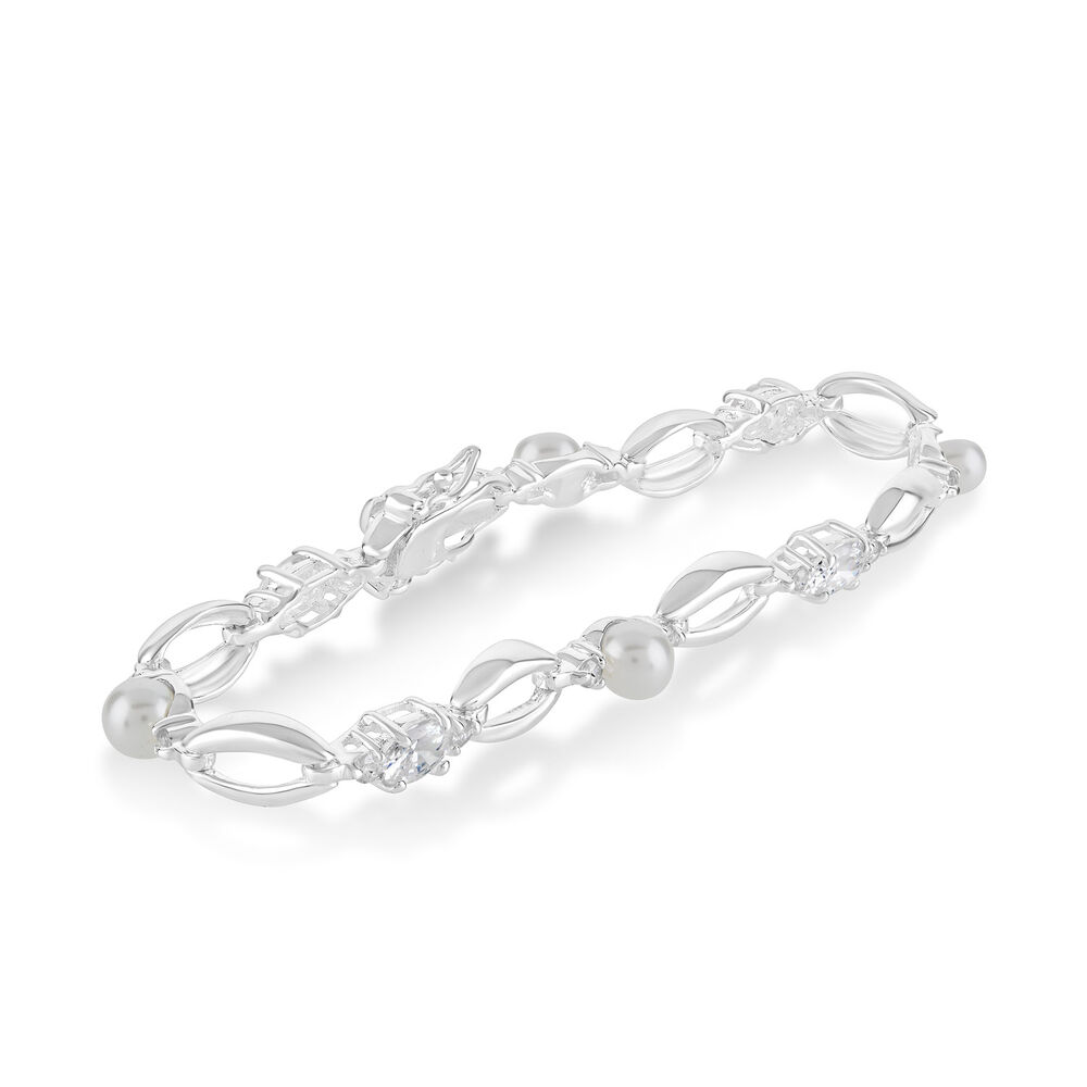 Sterling Silver Pearl and Cubic Zirconia Bracelet image number 1