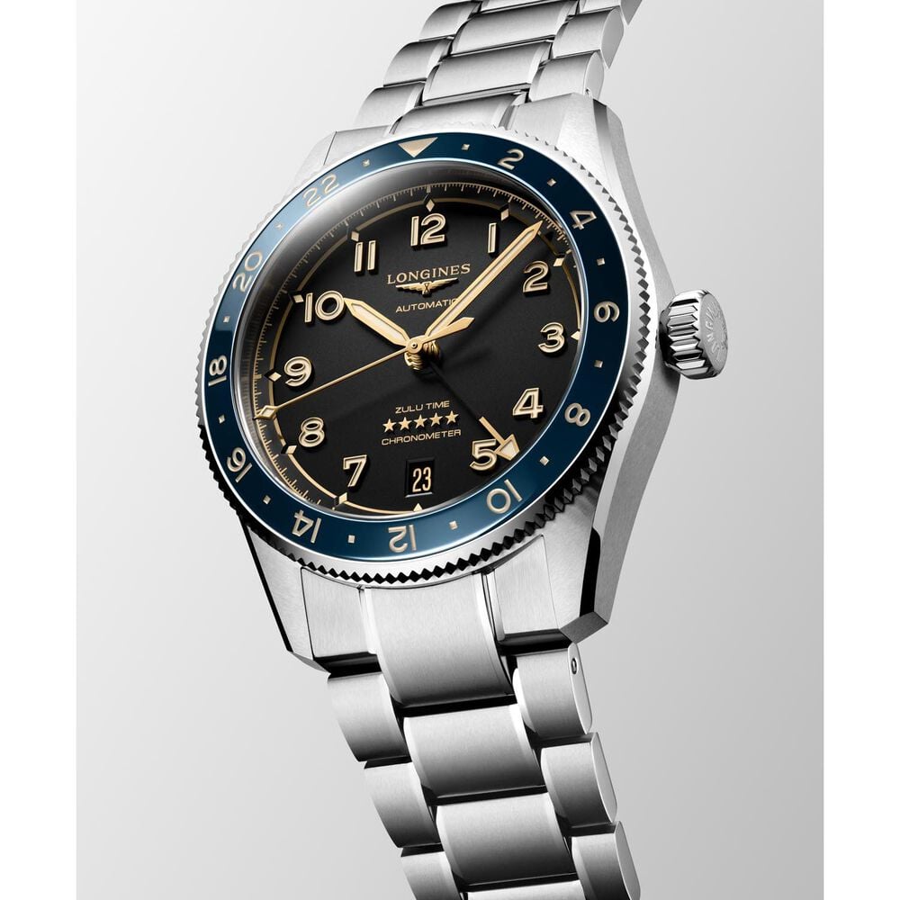 Longines Spirit Zulu Time 39mm Black Dial Blue Bezel Steel Bracelet Watch image number 1