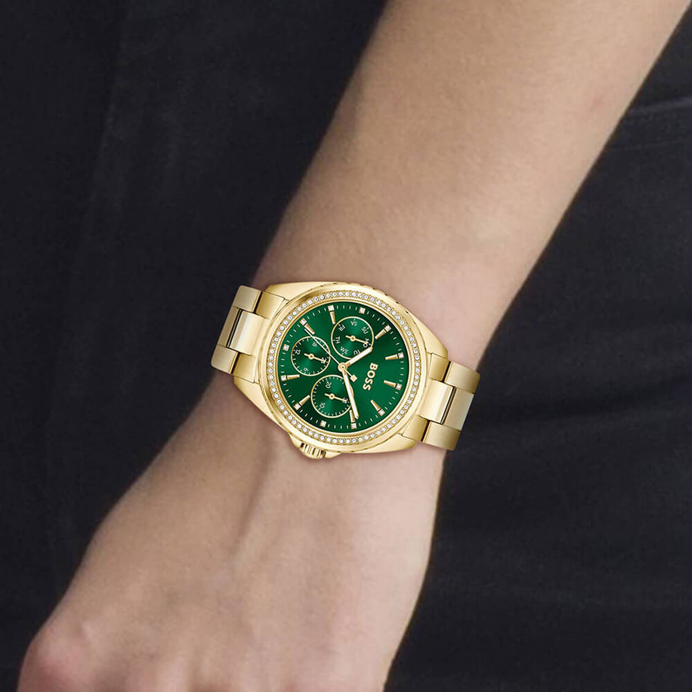 BOSS Atea Green Dial Yellow God IP Case & Bracelet Watch image number 4