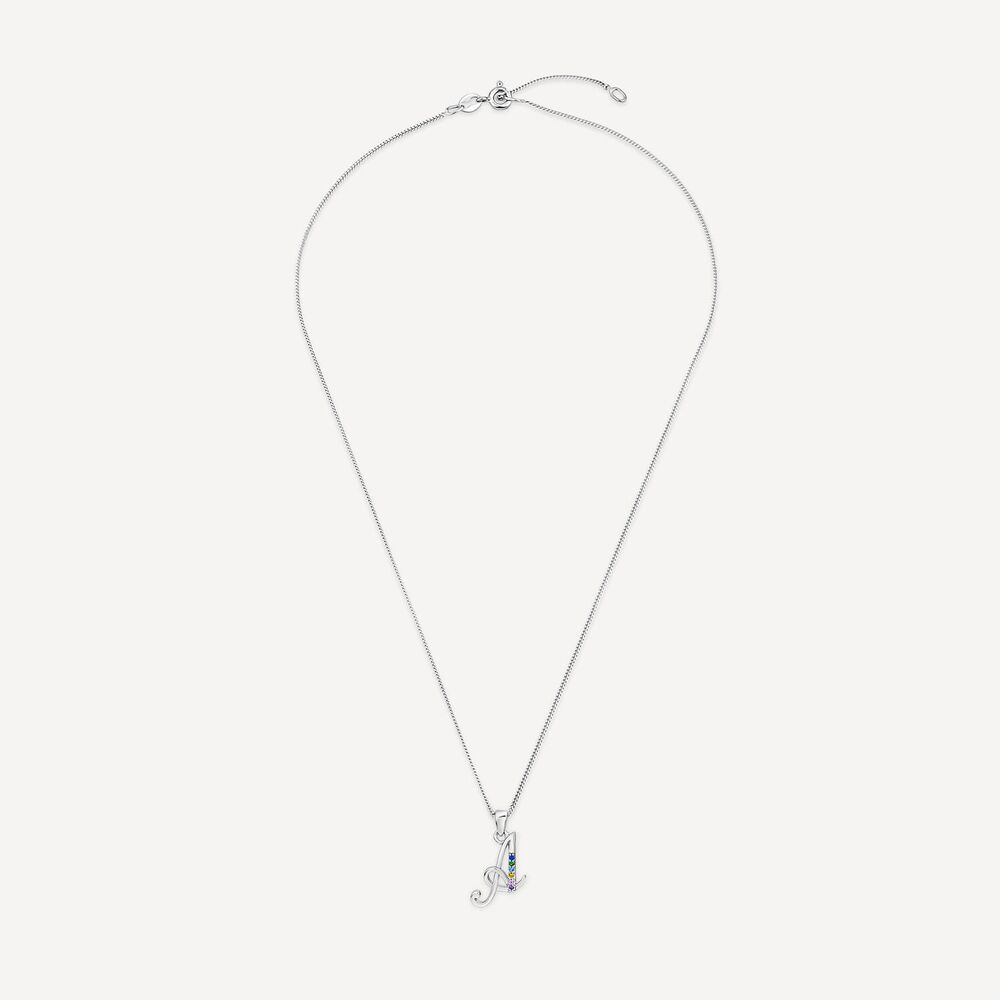 Sterling Silver Coloured Stone Set Initial "A" Pendant - Chain Included image number 2