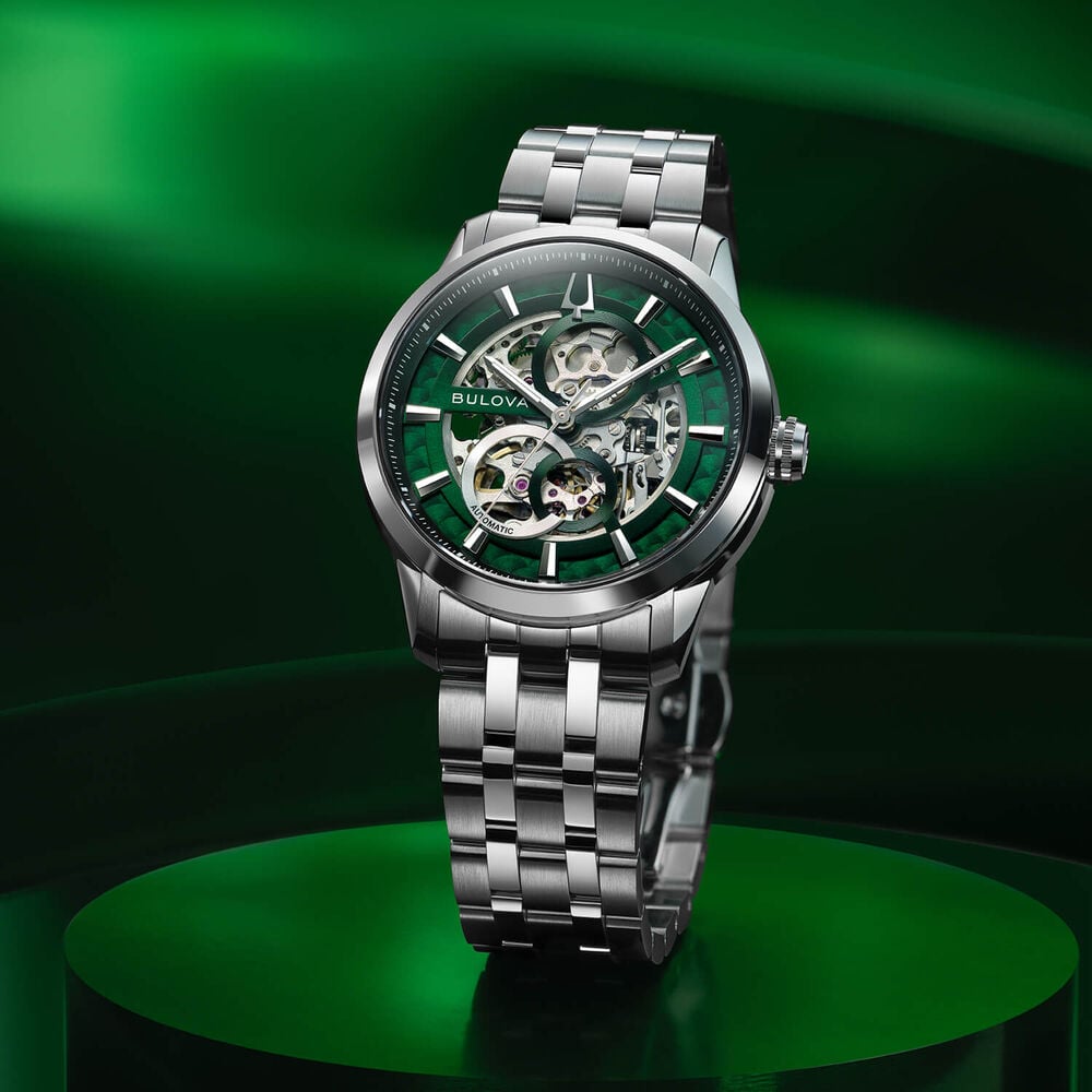 Bulova Sutton Automatic 43mm Green Skeleton Dial Steel Bracelet Watch