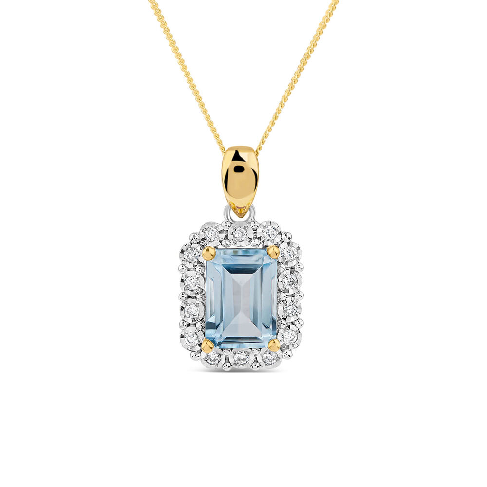 9ct Yellow Gold Rectangular Blue Topaz 0.06ct Diamond Halo Pendant