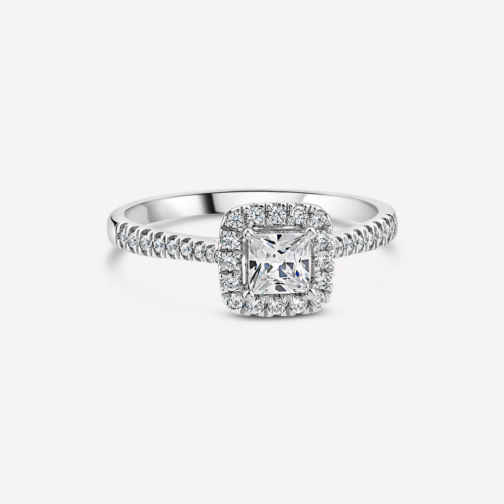 Tulip Setting 18ct White Gold 0.50ct Princess Halo Diamond & Side Stones Ring image number 2