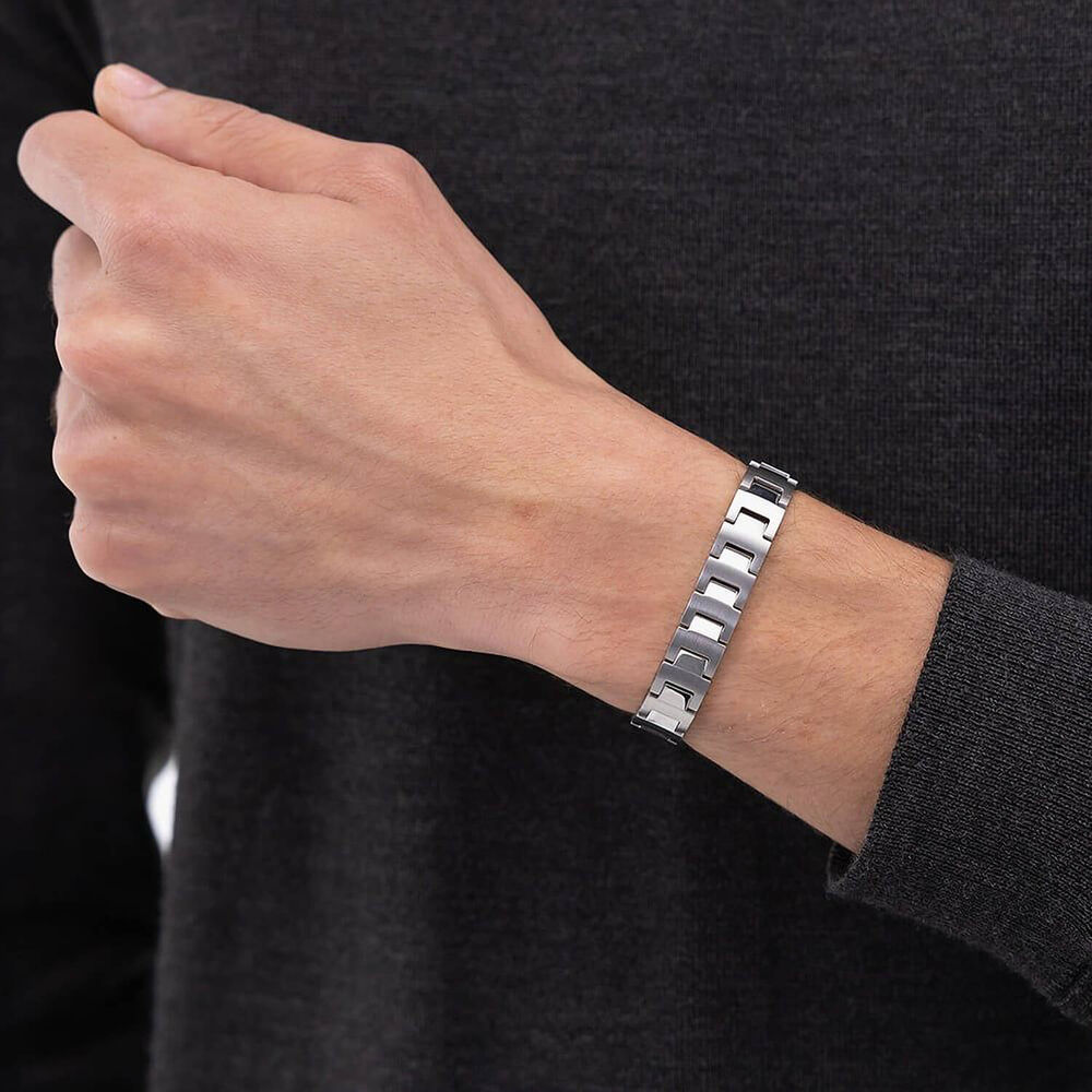 BOSS Candor Silver Tone Link Logo Closure Steel Bracelet