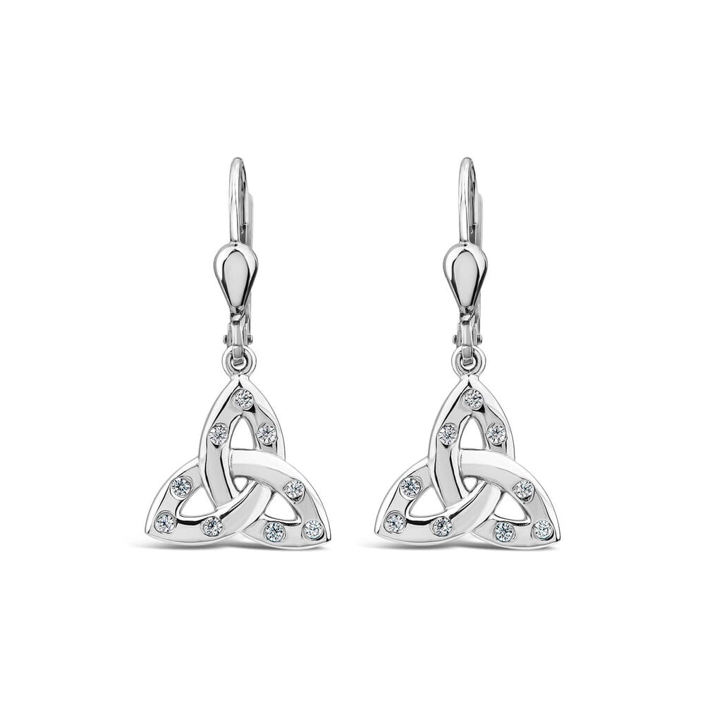 Sterling Silver Flush Set Cubic Zirconia Trinity Knot Drop Earrings image number 0