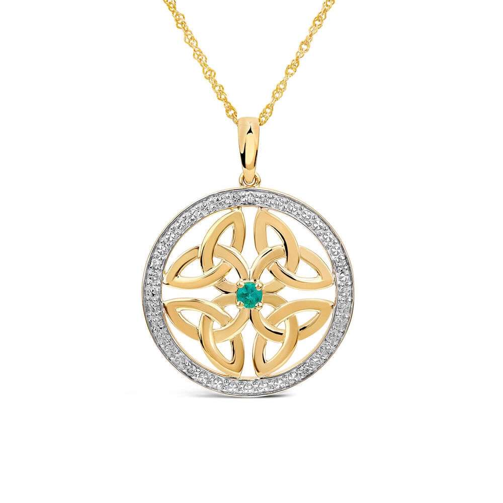 14ct Yellow Gold Diamond & Emerald Trinity Knot Pendant image number 0