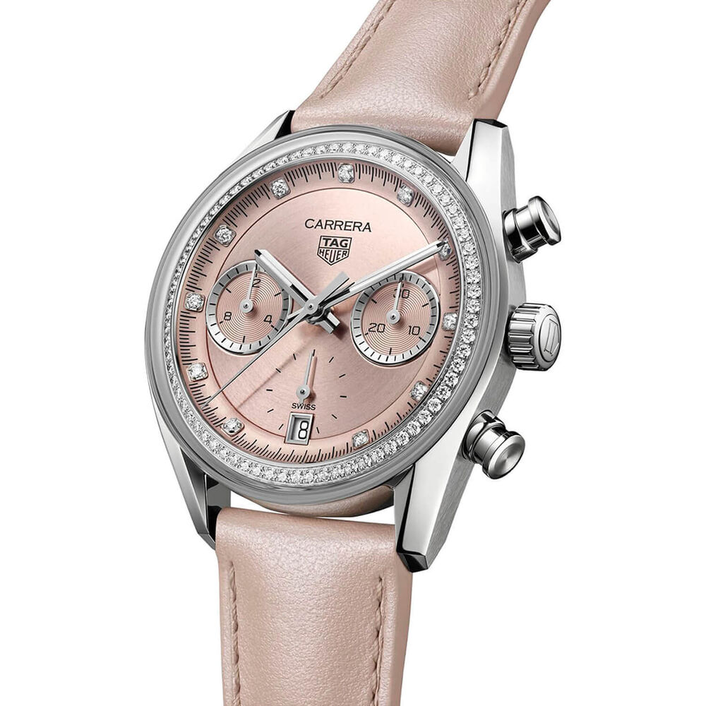 TAG Heuer Carrera Chronograph 39mm Pink Dial Diamond Dots Leather Strap Watch