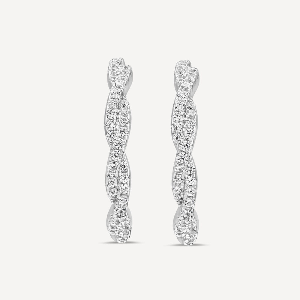Sterling Silver Cubic Zirconia Set Twisted Hoop Earrings image number 2