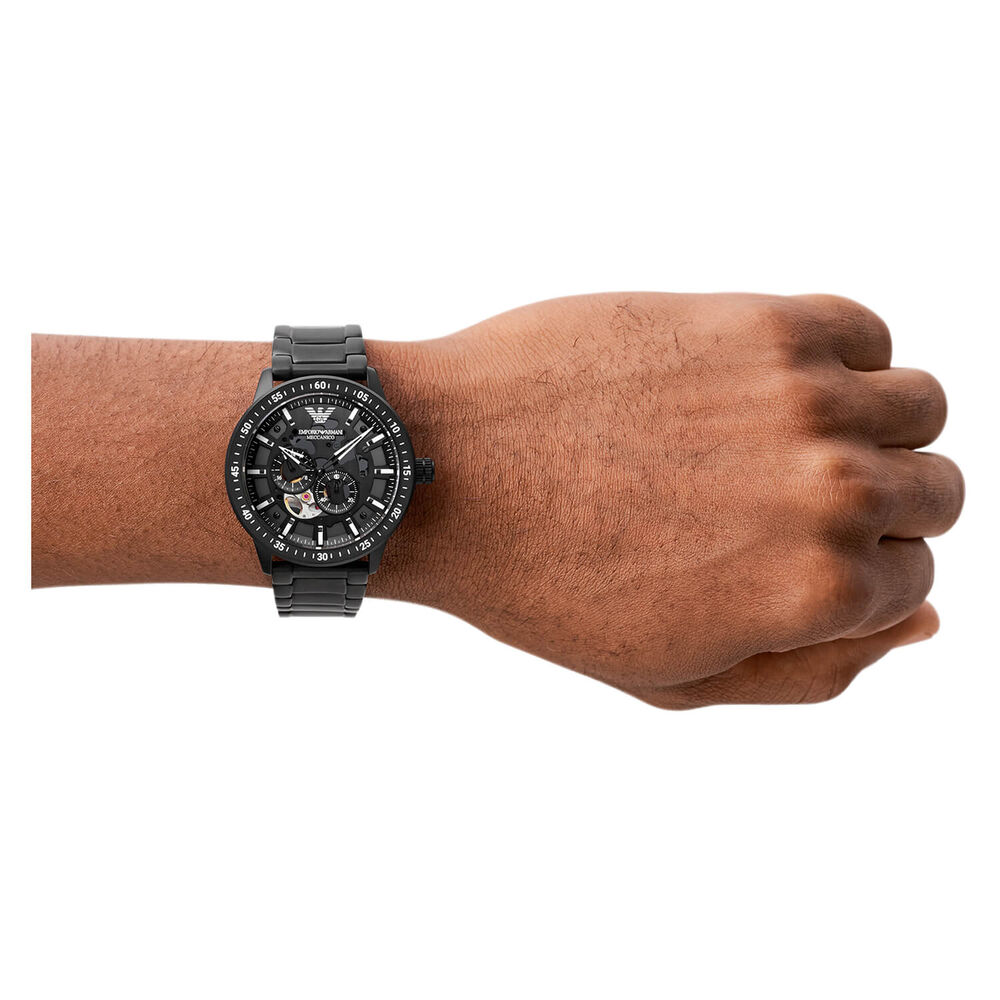 Emporio Armani Mario 43mm Automatic Black Skeleton Dial Black Ceramic Case Bracelet Watch