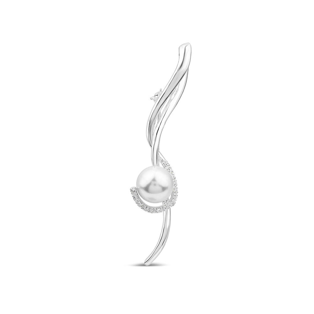 Sterling Silver Pearl & Cubic Zirconia Long Swirl Brooch image number 0