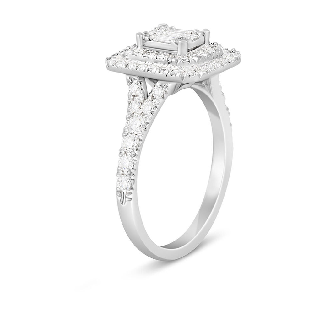 18ct White Gold 1.00 Carat Baguette and Round Brilliant Diamond Halo Cluster Ring image number 3