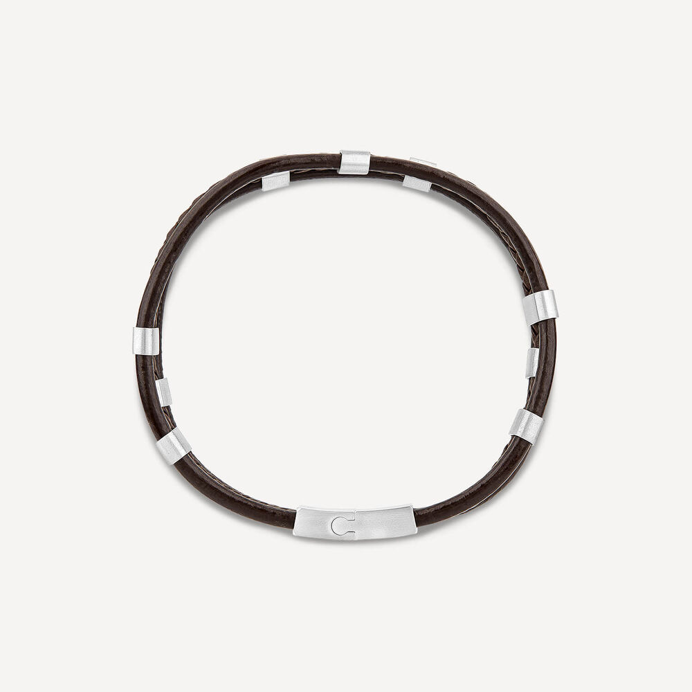 Gents Steel & Brown Leather 3 Strap Bracelet image number 4