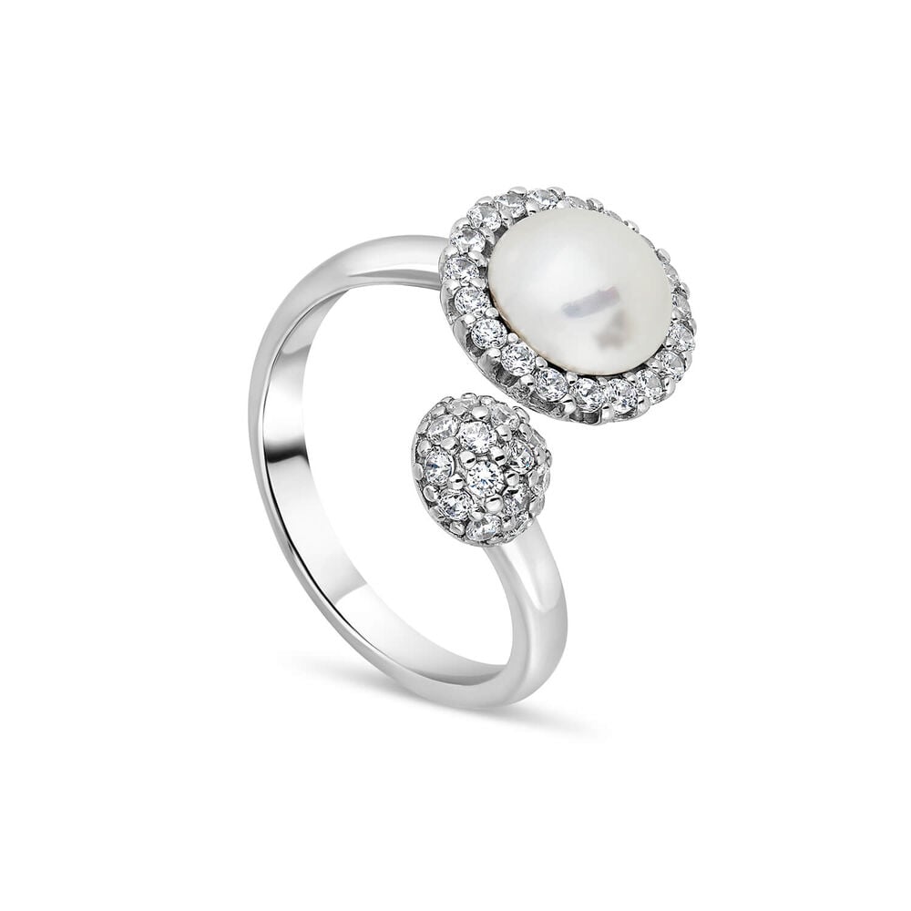 Sterling Silver Pearl With Cubic Zirconia Surround and Cubic Zirconia Ball Ring