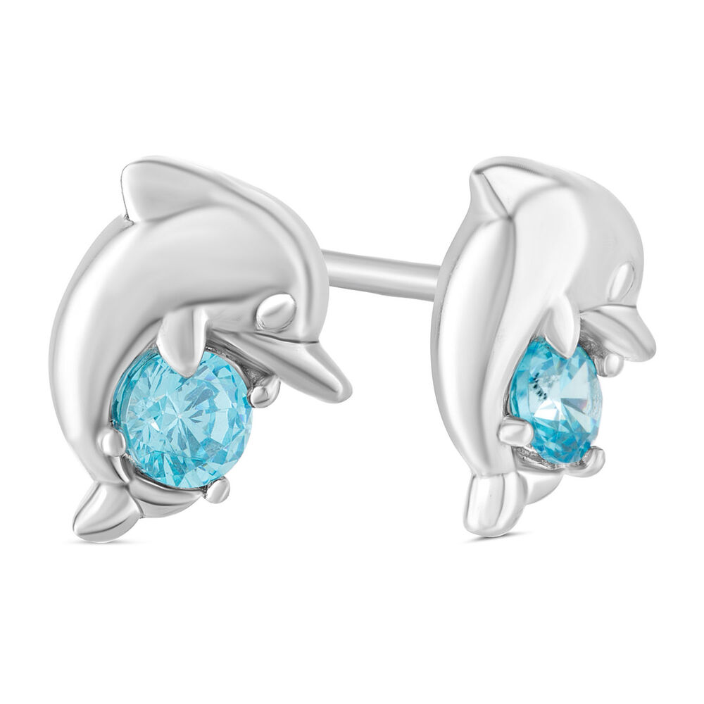 Little Treasure Sterling Silver Blue Crystal Dolphin Stud Earrings image number 2