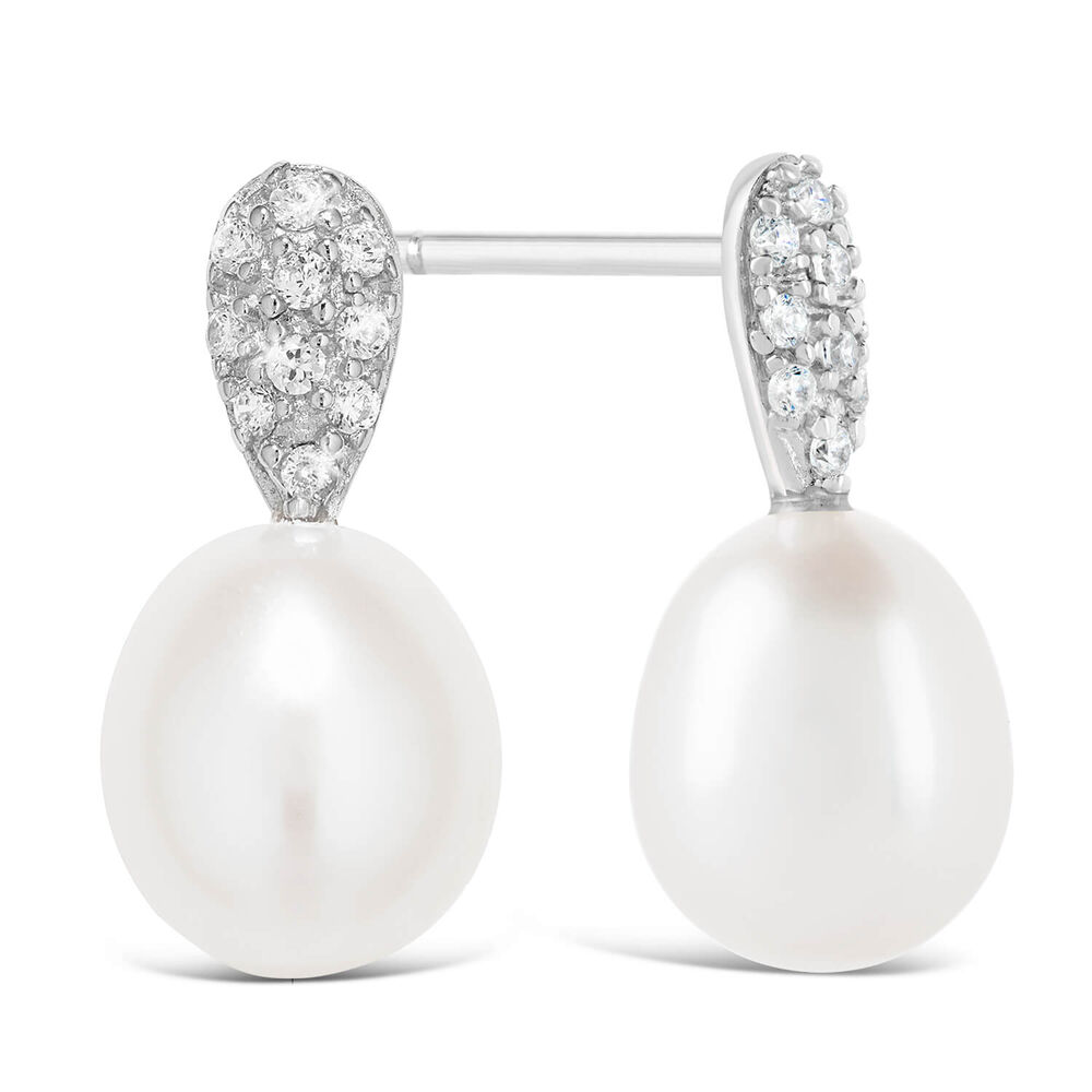 Ladies Sterling Silver and Cubic Zirconia Pearl Earrings image number 1