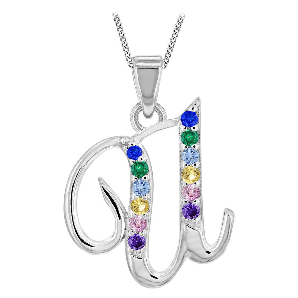 Sterling Silver Coloured Stone Set Initial "U" Pendant - Chain Included image number 0