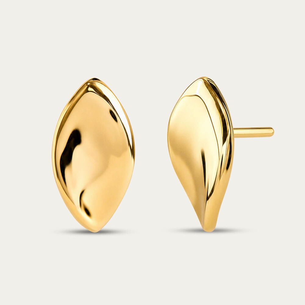 Yellow Gold Plated Sterling Silver Curved Polished Leaf Stud Earrings