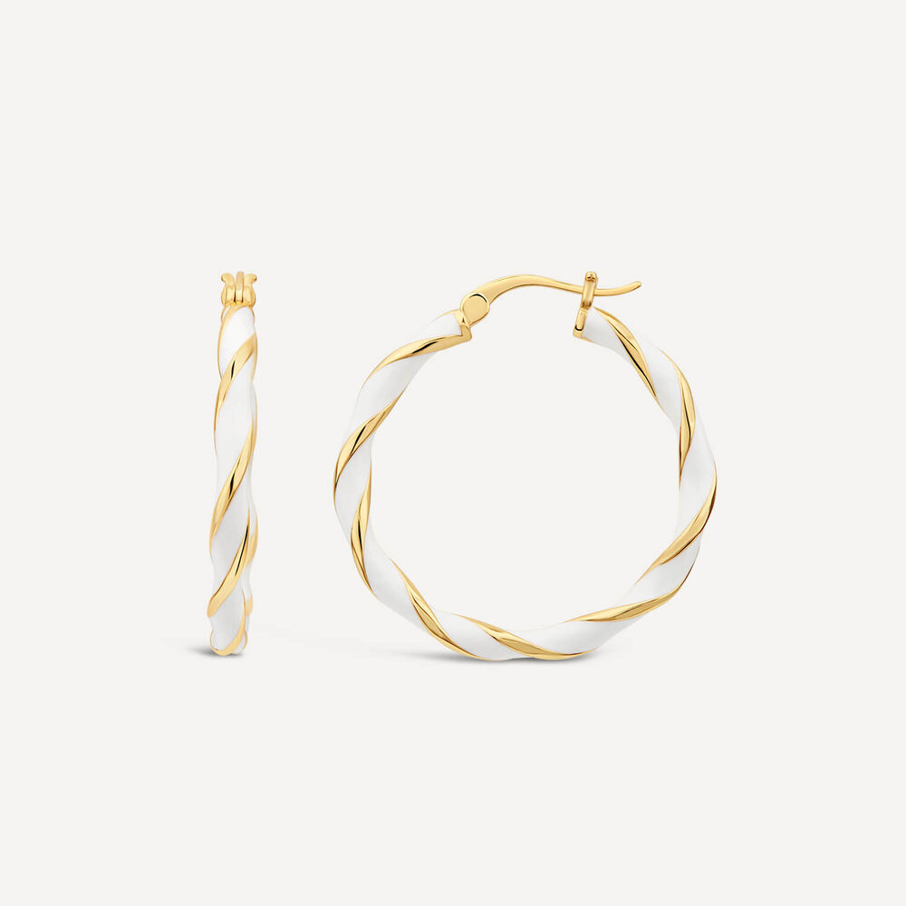 Silver & Yellow Gold Plated White Enamel Twist Large Hoop Earrings image number 2