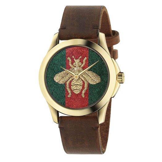 Gucci G-Timeless Quartz 38mm Red & Green Dial Gold PVD Case Brown Strap Watch
