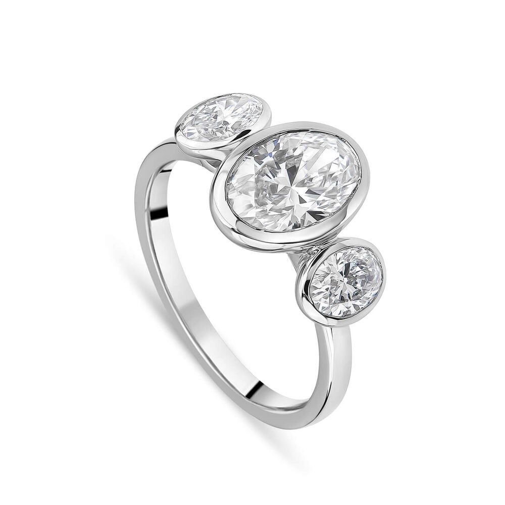 Born Platinum Lab Grown 2.80ct Oval Diamond Three Stone Bezel Set Ring