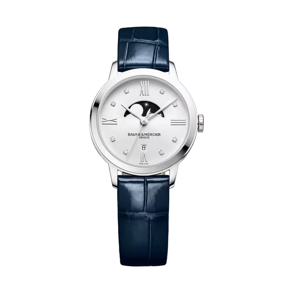 Pre-Owned Baume & Mercier Classima 31mm White Moonphase Dial Diamond Dots Leather Strap Watch