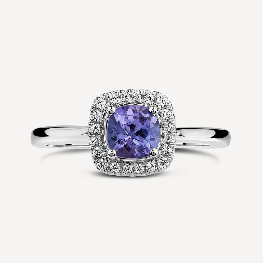 9ct White Gold Cushion Tanzanite & 0.10ct Diamond Halo Ring image number 1