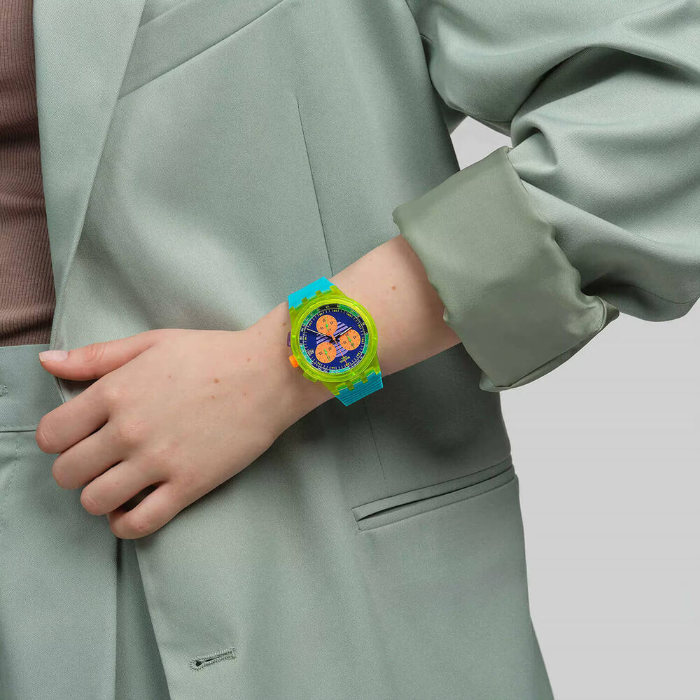 Swatch Neon Wave Chronograph 42mm Multi-Coloured Dial Blue Silicone Strap Watch image number 4