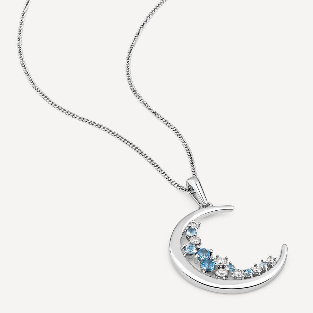 9ct White Gold Blue Topaz & Diamond Set Half Moon Pendant image number 2