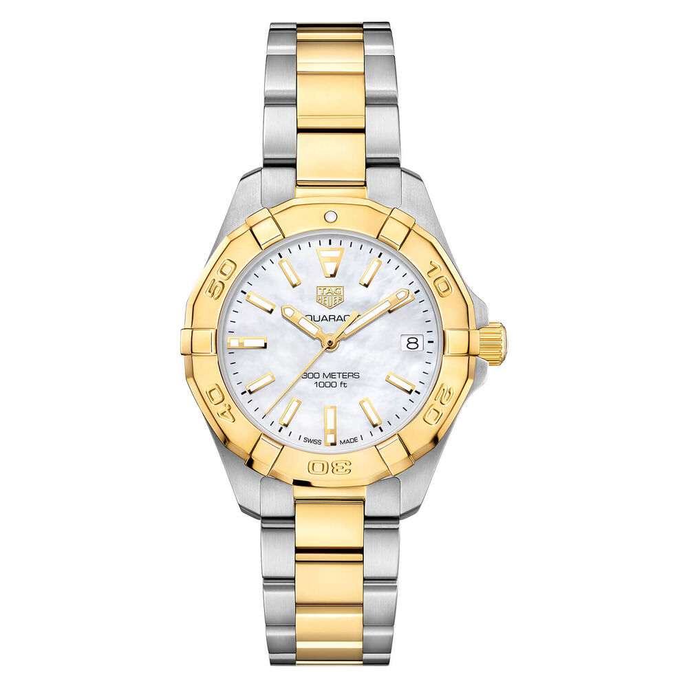 TAG Heuer Aquaracer 32mm Mother Of Pearl Dial Yellow Gold Plated Case Bracelet Watch