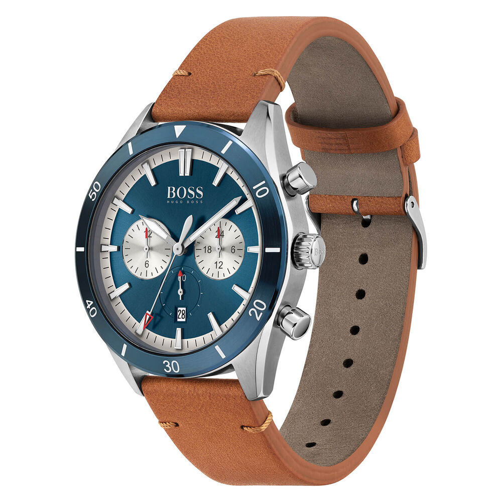 BOSS Santiago 44mm Blue Dial Blue Bezel Chronograph Steel Case Tan Strap Watch