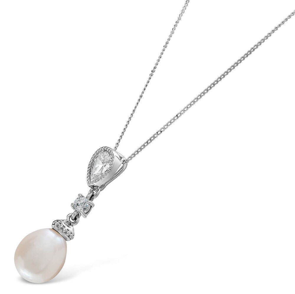 9ct White Gold Oval Freshwater Pearl Cubic Zirconia Round & Pear Top Pendant (Chain Included) image number 1