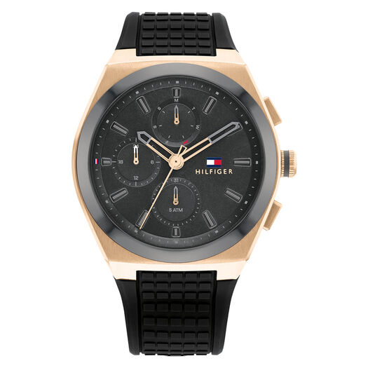 Tommy Hilfiger Connor 44mm Black Dial Chrono Rose Gold PVD Case Rubber Strap Watch