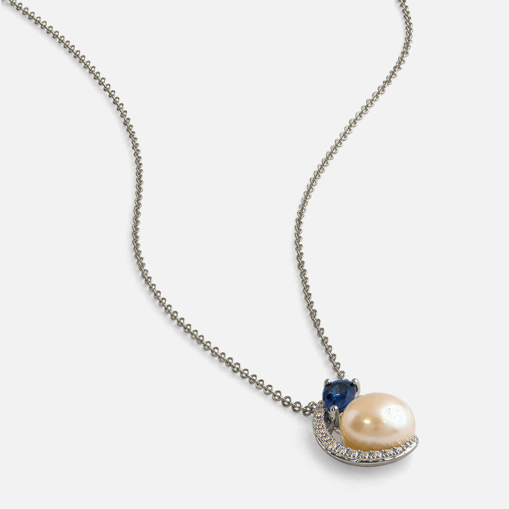 9ct White Gold Freshwater Pearl Sapphire 0.05ct Diamond Set Curl Pendant