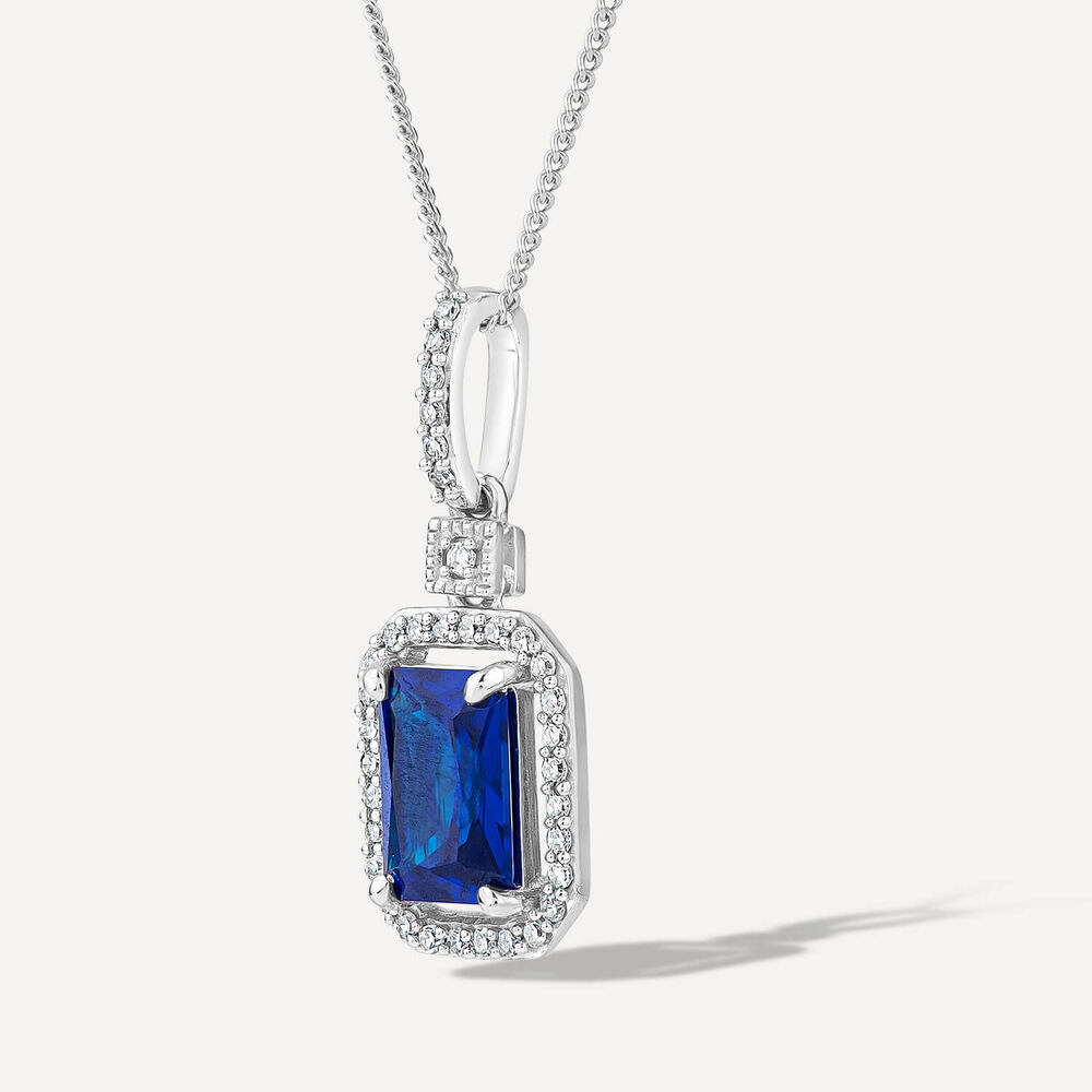 9ct White Gold Rectangular Created Tanzanite & Diamond Cluster Bale Pendant image number 1