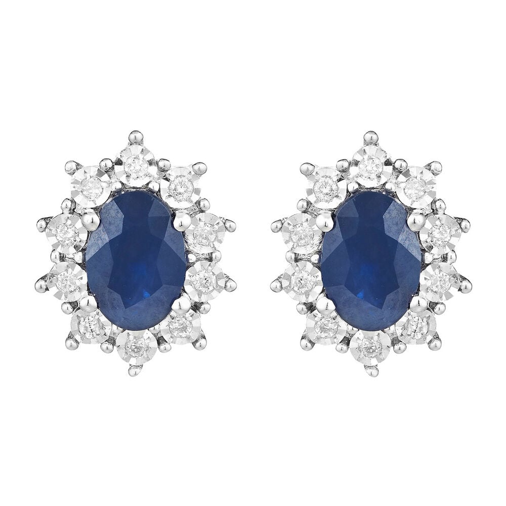 9ct White Gold Oval Sapphire & Diamond Cluster Earrings image number 0