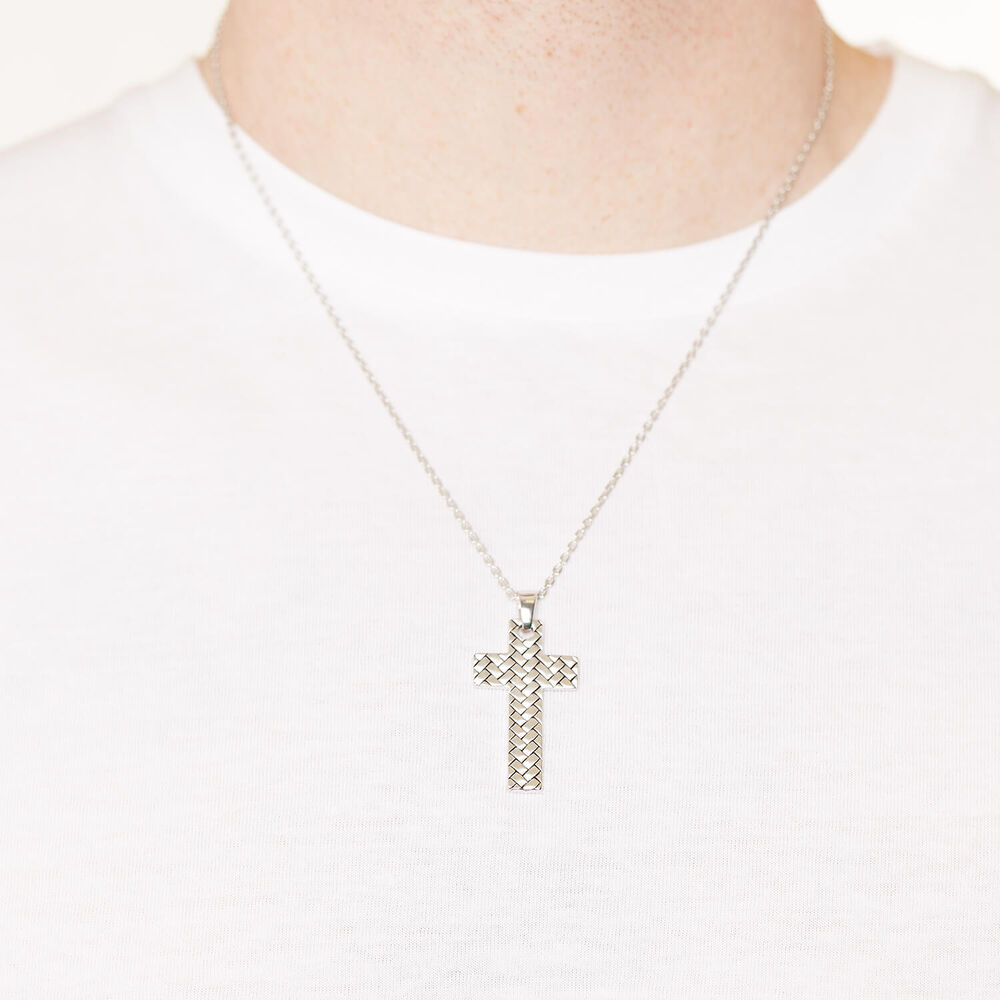 Silver Mens Herringbone Cross Pendant image number 2