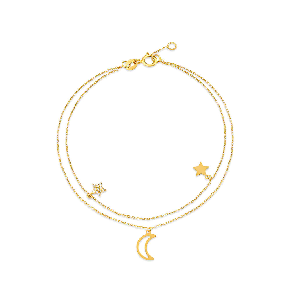 9ct Yellow Gold Polished & Cubic Zirconia Moon & Stars Two Strands Bracelet image number 0