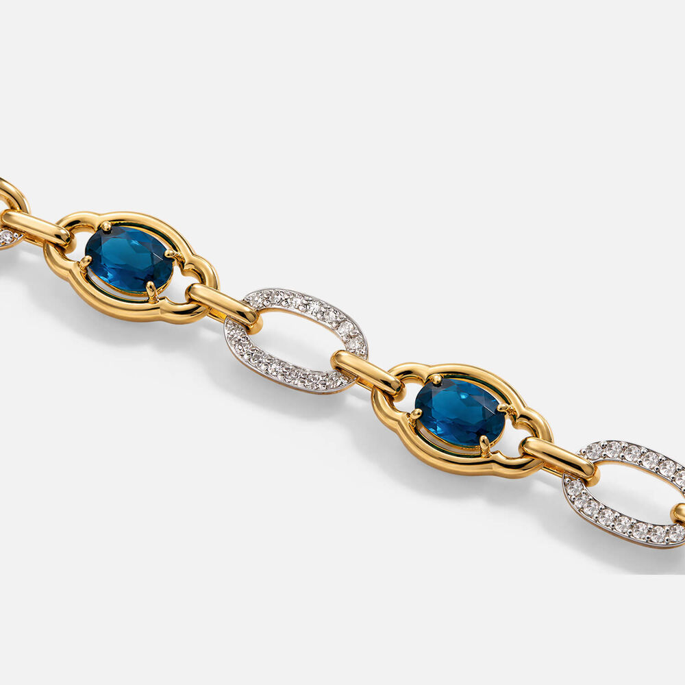 Sterling Silver Yellow Gold Plated Vermeil Oval Sapphire Lab Grown Diamond Set Link Bracelet