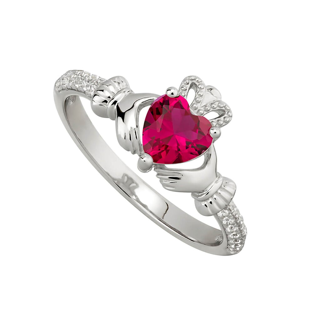 Sterling Silver Claddagh Birthstone July Cubic Zirconia Shoulder Set Ring