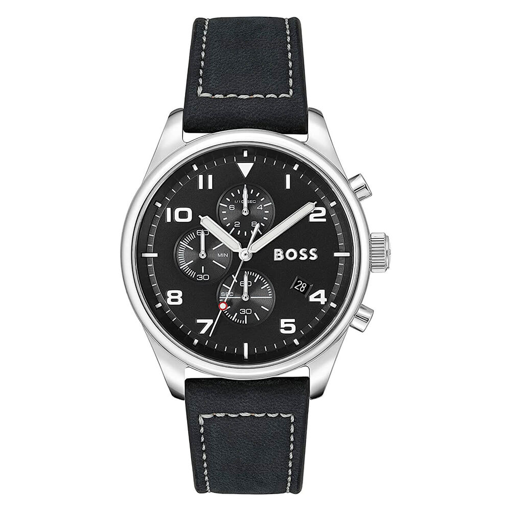 BOSS View 44mm Black Dial Black Leather Strap Watch