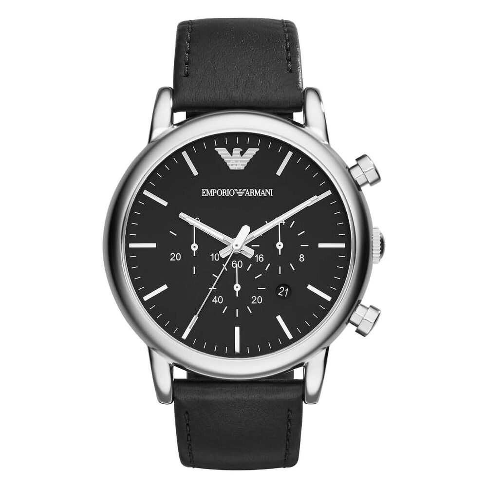 Emporio Armani Luigi 46mm Black Dial Chronograph Steel Case Black Leather Strap Watch