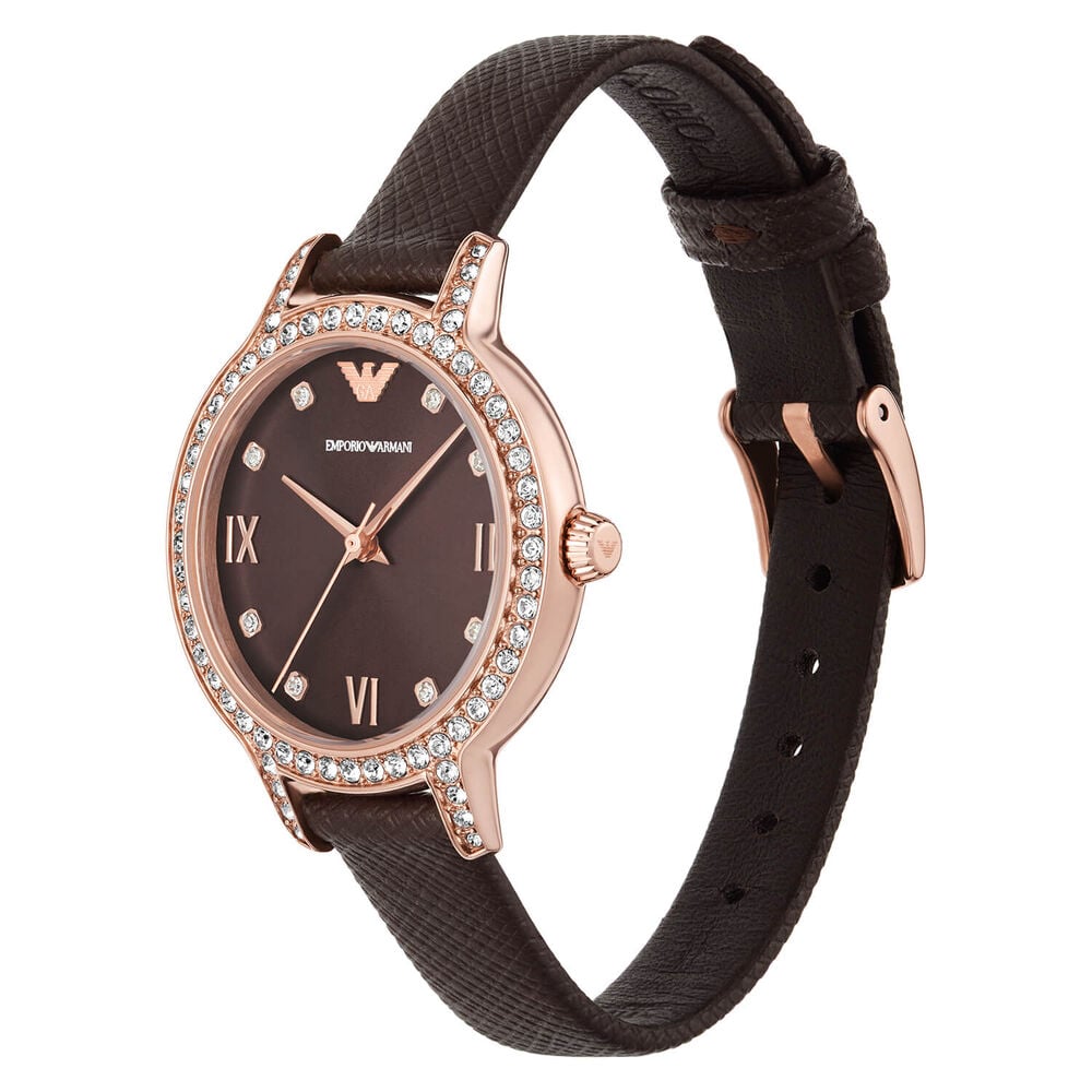 Emporio Armani Cleo 32mm Brown Dial Cubic Zirconia Bezel Rose Gold Case Leather Strap Watch