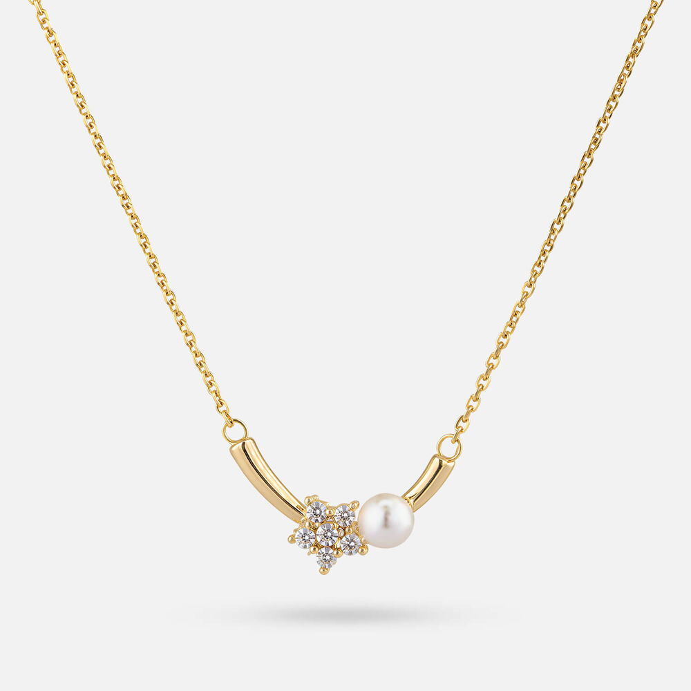 Yellow Gold Plated Sterling Silver Cubic Zirconia Flower & Pearl Bar Necklet