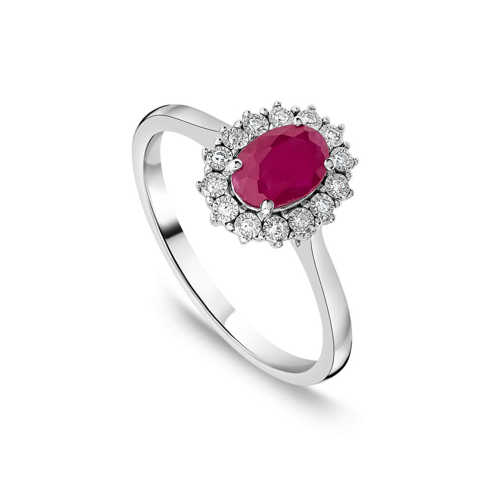 9ct White Gold Ruby & 0.05ct Cluster Diamond Ring