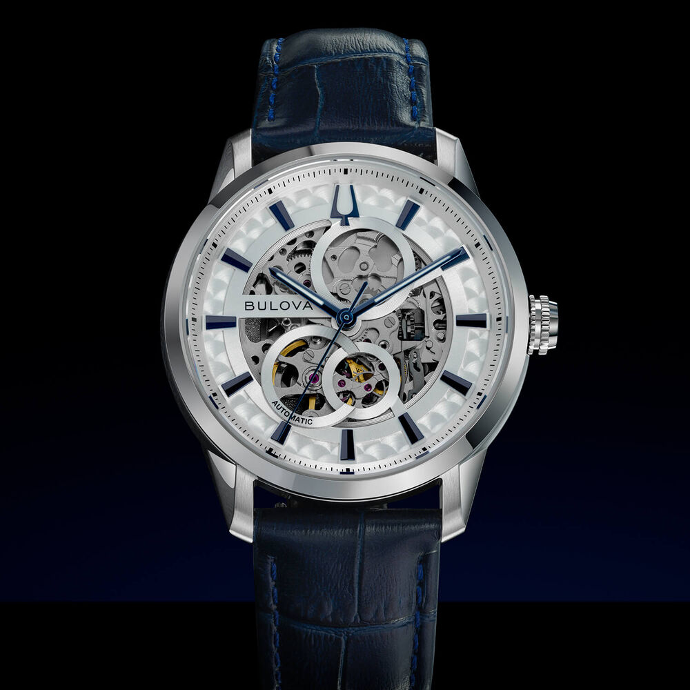 Bulova Sutton Automatic 40mm Silver Skeleton Dial Blue Leather Strap Watch