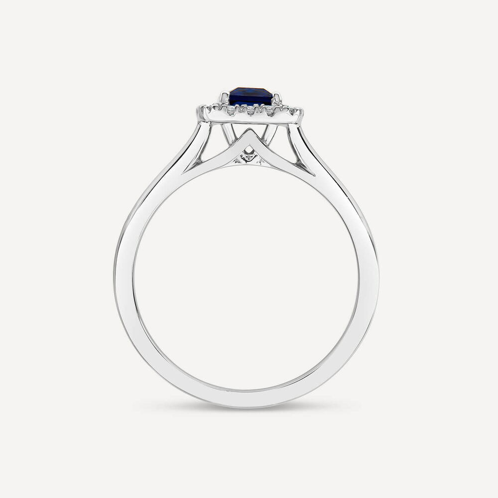 Tulip Setting 18ct White Gold Princess Sapphire & 0.15ct Diamond Halo Ring image number 3