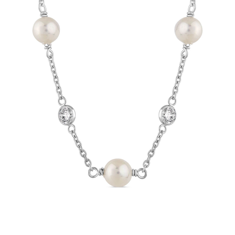 Sterling Silver Pearl and Rubover Cubic Zirconia Chain Necklet image number 0