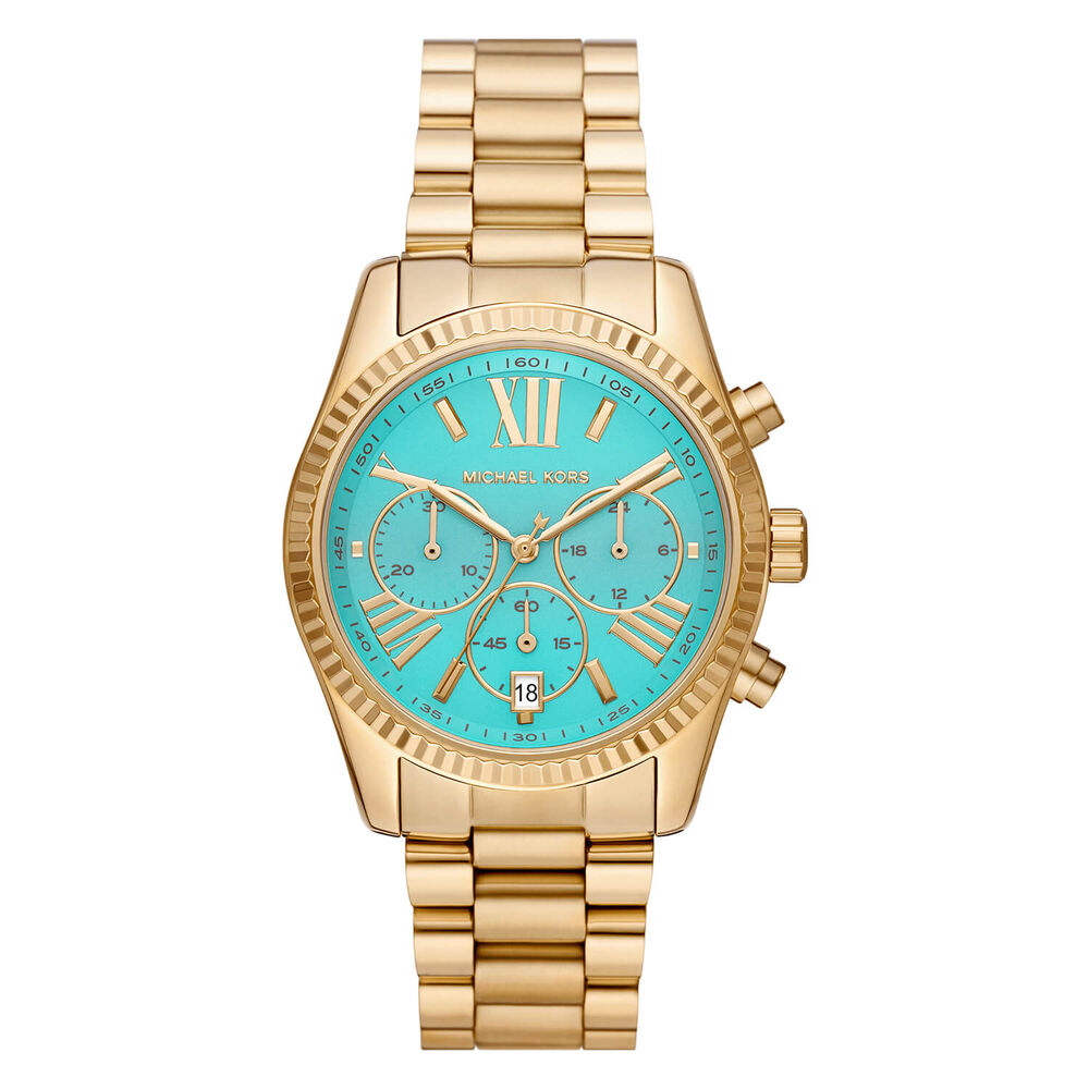 Michael Kors Lexington 38mm Turquoise Dial Yellow Gold IP Case Bracelet Watch