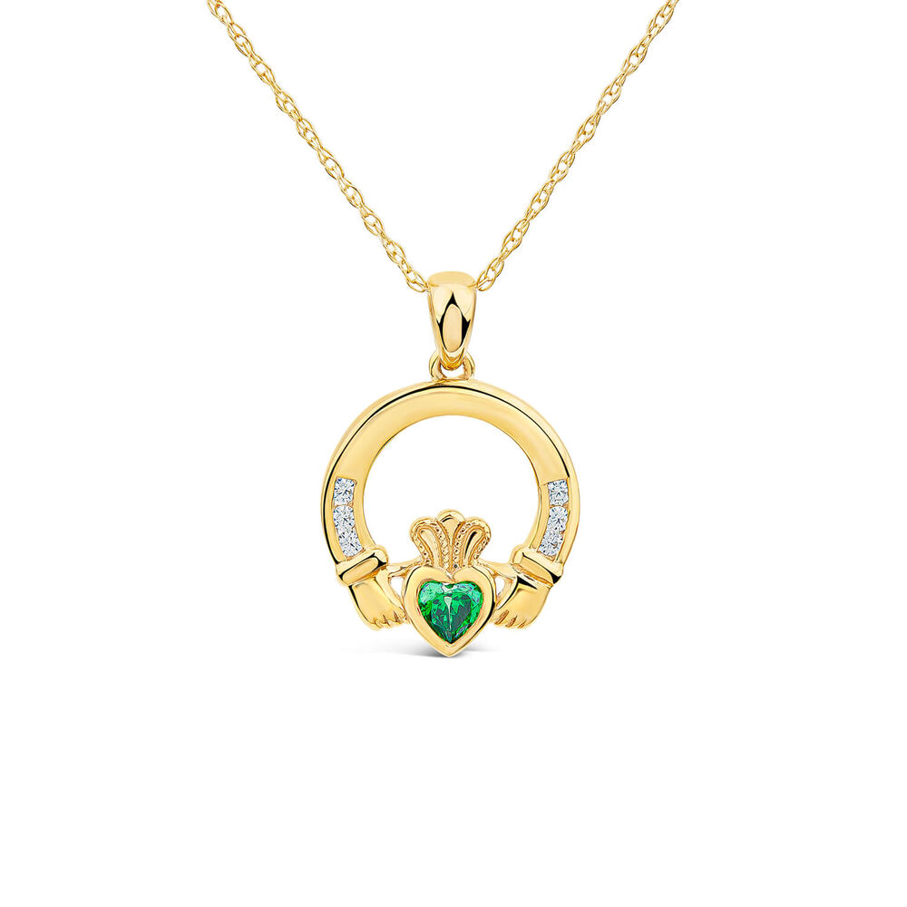 9ct Yellow Gold Green Cubic Zirconia Heart Claddagh Pendant image number 0