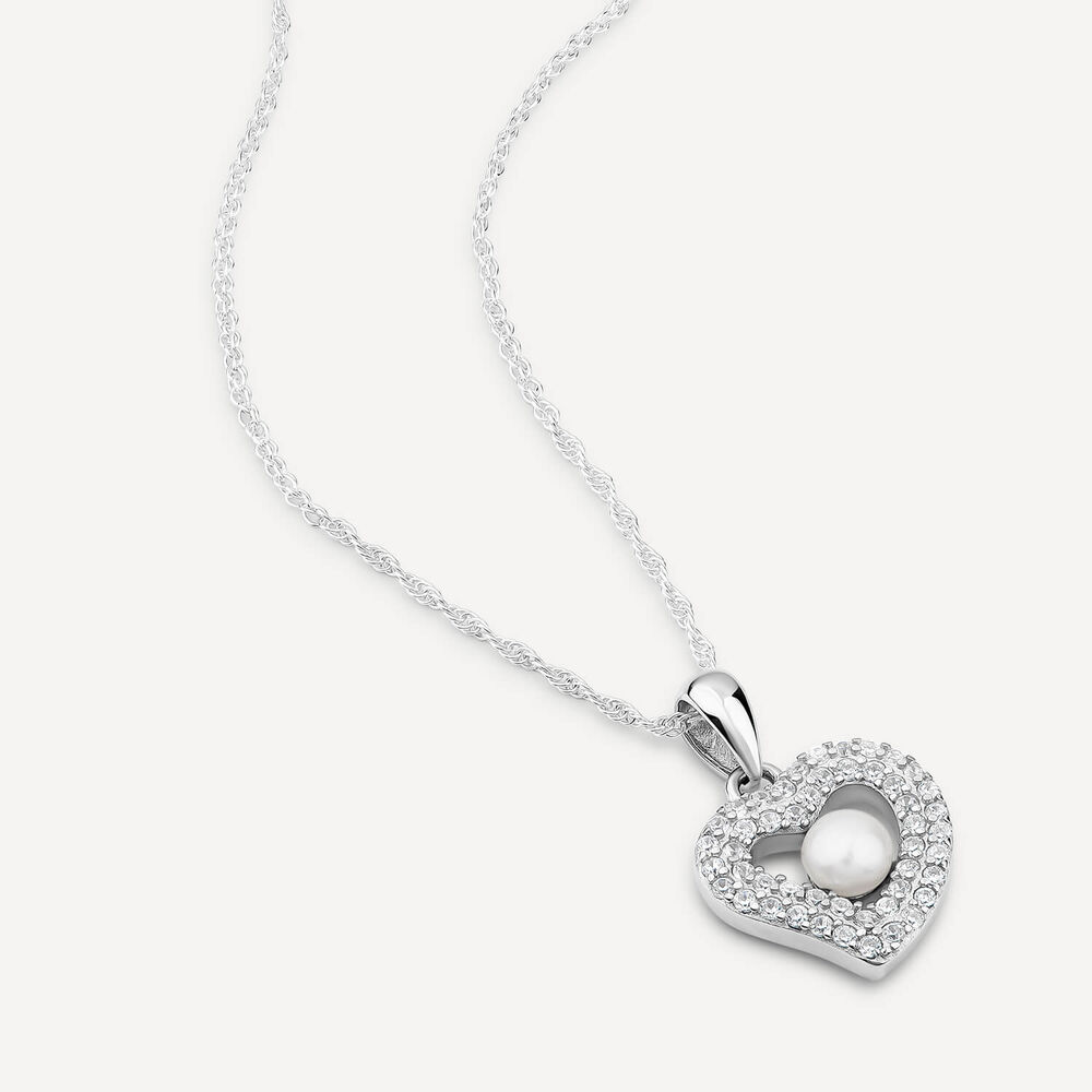 Sterling Silver Freshwater Pearl & Cubic Zirconia Heart Pendant image number 2